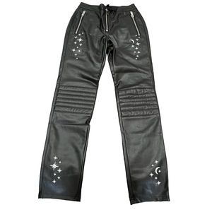 High Waist Vegan Leather Black Pants Celestial Stars Moon Embroidery size small